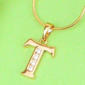 "Rose Gold Initial T Pendant with Crystals – Elegant Brass Jewelry, XPPT1369